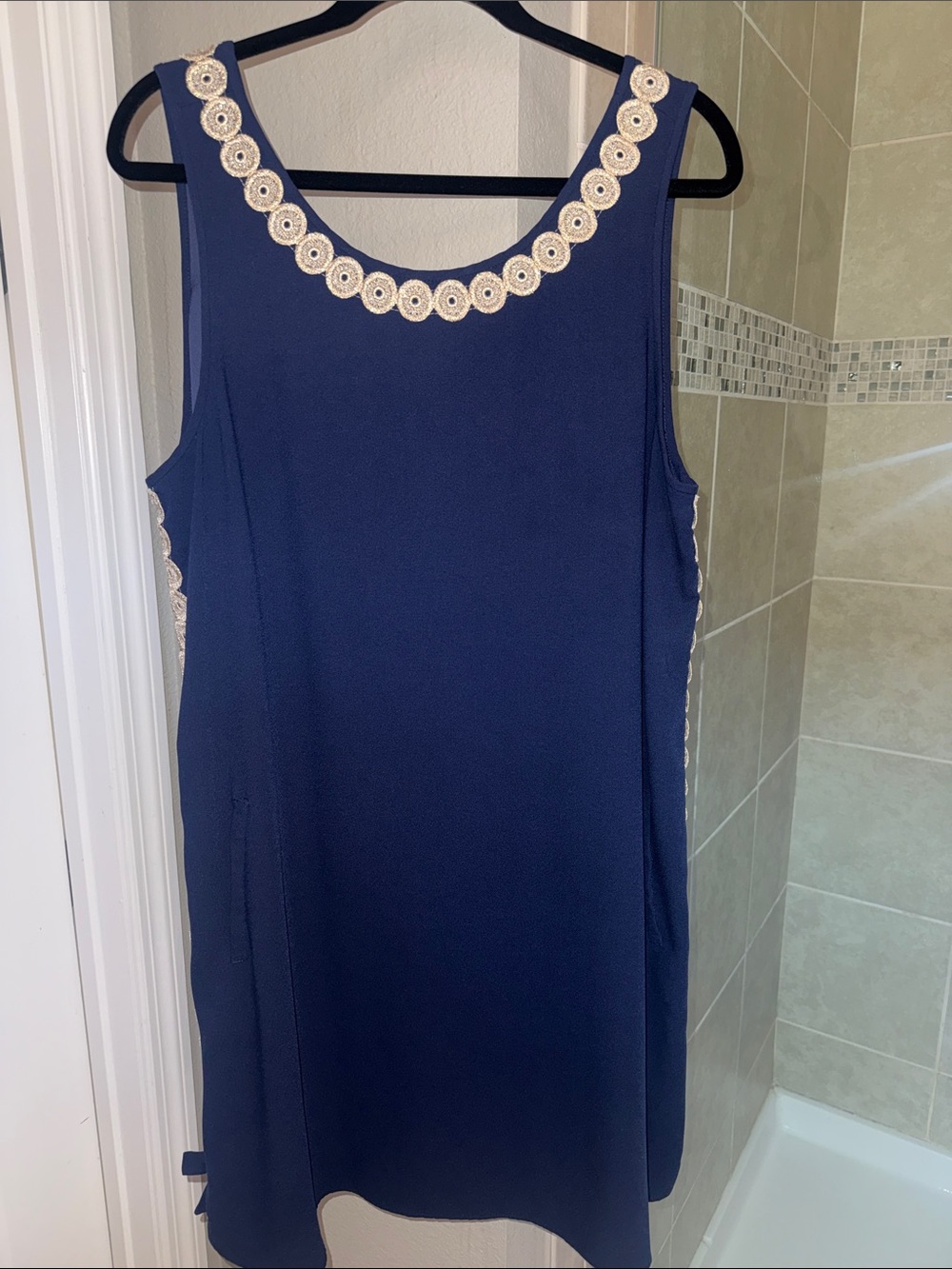Lilly Pulitzer Stella Shift True Navy Sleeveless Dress Gold Crochet Trim Size 16